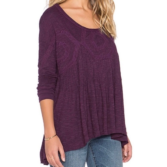 Free People Lace Embroidered Pintuck Pleated High Low Purple Knit Tunic Tee S - Picture 1 of 14